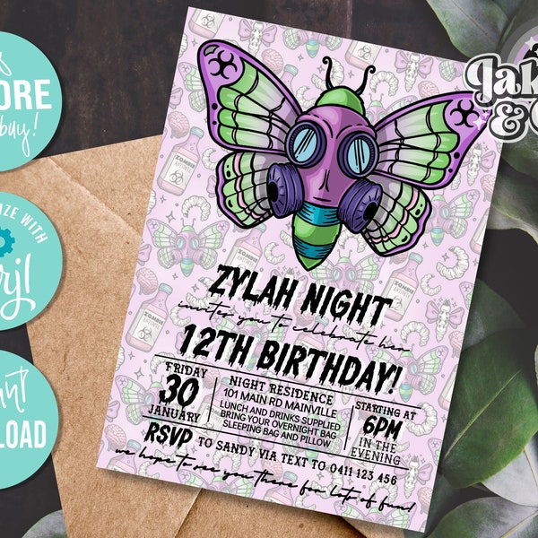 ZOMBIE BIRTHDAY INVITATION | Zombie, Apocalypse, Moth Invitation, Cute Spooky Girl Birthday | Corjl Template | T04