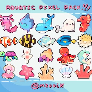 May include: A graphic titled "Aquatic Pixel Pack!!!" showcasing pixel art sea creatures. It includes a pink axolotl, blue fish, a whale, a seal, a seahorse, and a clownfish. The background is light blue with a wavy design. The image also includes the text "@mxoolk".
