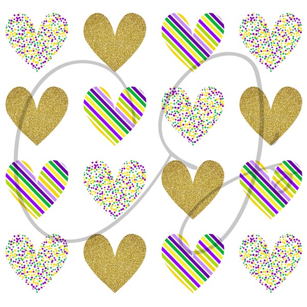 Mardi Gras Hearts SVG, Purple Green and Gold Hearts Sublimation Design, Glitter Stripe Polka Dots Hearts PNG