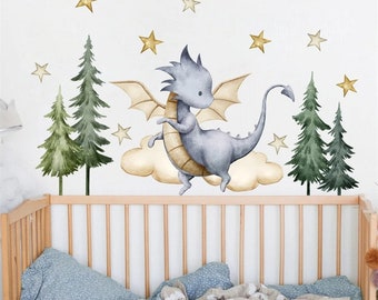 Dragon baby wall decal. Flying dragon, clouds, stars for nursery