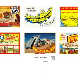 6 Descarga instantánea Coloridas Postales Ruta 66 Retro Vintage 4x6. Seis postales para descargar y reimprimir con reverso de postal incluido.