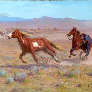 Western Landscape Art Print &quot;Chasing The Line&quot; Featuring Stunning Detail of Horses and Cowboys. Western Art Print by Richard Lorenz 1907.