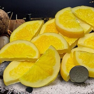 May include: A pile of yellow lemon slices on a white surface with a brown background. There are two small orange pumpkins on either side of the lemon slices.