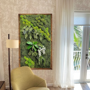 Moss Art Framed - Moss Wall Art - Preserved Ball Moss, Forest Moss, Preserved Ferns, Faux Orchids - Uniques Moss Wall Decor, Moss Artwork
