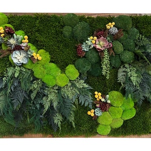 Preserved Moss Wall Art, Faux Succulents, Natural Green Wooden Frame | Unique Christmas Gift