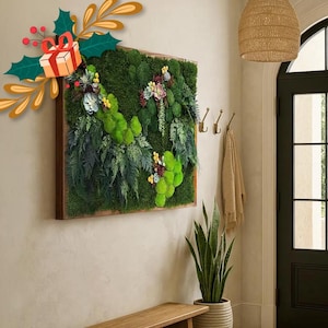 Preserved Moss Wall Art, Faux Succulents, Natural Green Wooden Frame | Unique Christmas Gift