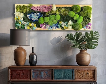 Floral Preserved Moss Wall Art, Natural Wood Frame