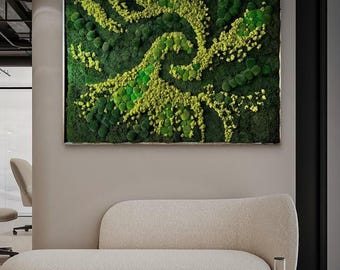 May include: A rectangular wall art piece featuring preserved moss in varying shades of dark forest green and bright lime green. The moss is arranged in a textured, swirling pattern within a thin, metallic frame, creating a dense, organic surface.