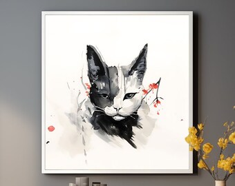 Powerful Japanese cat art, perfect gift for cat lovers! Printable digital download.