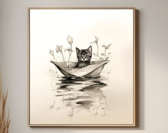 Cute Japanese cat art, perfect gift for cat lovers! Printable digital download.