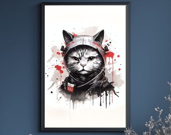 Powerful Japanese cat art, perfect gift for cat lovers! Printable digital download.