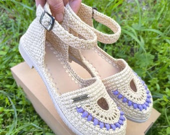 Handmade Crochet Sandals: Mercerized Cotton Shoes with Ankle Strap