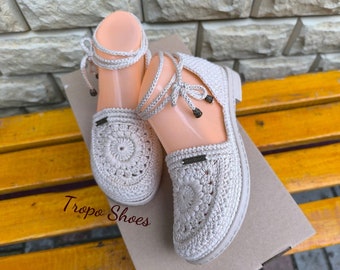 Crochet Sandals: Handmade Mercerized Cotton Shoes with Ecological Leather Sole