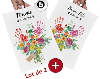 Affiches bonne fête mamie fleurs empreintes LOT DE 2 ,fichier pdf, cadeau mamie grand mère personnalisé, poster je t'aime mamie, idée cadeau