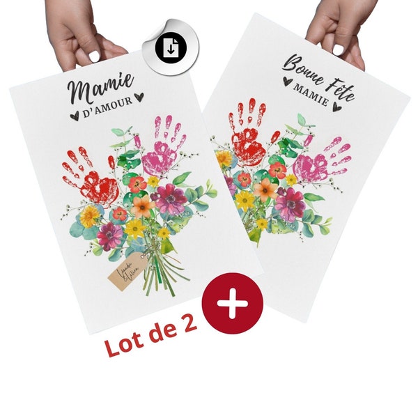 Affiches bonne fête mamie fleurs empreintes LOT DE 2 ,fichier pdf, cadeau mamie grand mère personnalisé, poster je t'aime mamie, idée cadeau