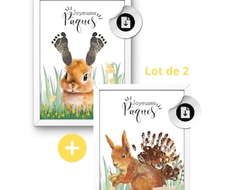 Affiches joyeuses pâques empreintes LOT DE 2 ,fichier pdf, cadeau pâques , poster lapin écureuil souvenir bébé mains pieds, déco printemps