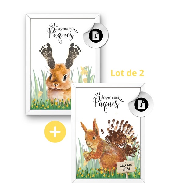 Affiches joyeuses pâques empreintes LOT DE 2 ,fichier pdf, cadeau pâques , poster lapin écureuil souvenir bébé mains pieds, déco printemps