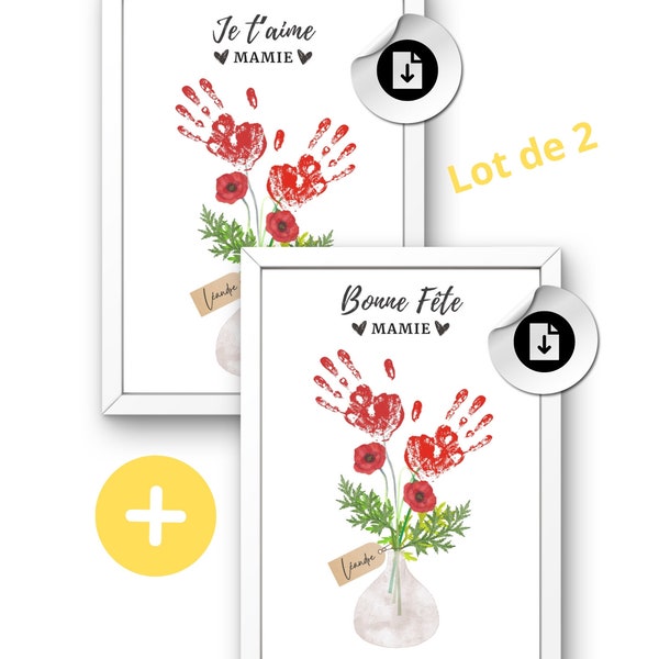 Affiches bonne fête mamie fleurs empreintes LOT DE 2 ,fichier pdf, cadeau mamie grand mère personnalisé, poster je t'aime mamie, idée cadeau