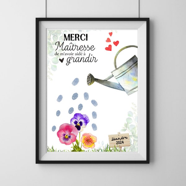 Affiche merci maîtresse empreinte,fichier pdf, cadeau professeur enfant personnalisé, poster super maîtresse,cadeau original école,fin année