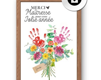 Affiche merci maîtresse fleur empreinte, fichier pdf, cadeau professeur enfant personnalisé, poster super maîtresse, cadeau original école