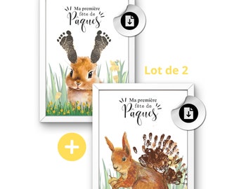 Affiches ma première fête de pâques empreintes LOT 2 ,pdf, cadeau pâques , poster lapin écureuil souvenir bébé mains pieds, déco printemps