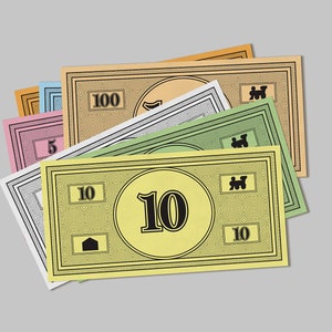 May include: A stack of Monopoly game money in various denominations, including $5, $10, and $100 bills. The bills are yellow, green, blue, and pink with black text and images.