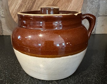 Antique handled stoneware bean pot w/ lid