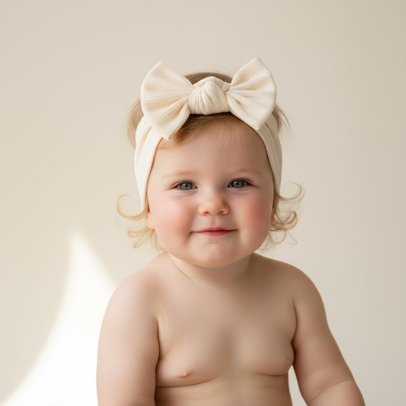 May include: A cream-colored baby headband with a large bow. The headband is made of a ribbed fabric and is worn by a smiling baby with blonde curly hair. The background is a solid cream color.