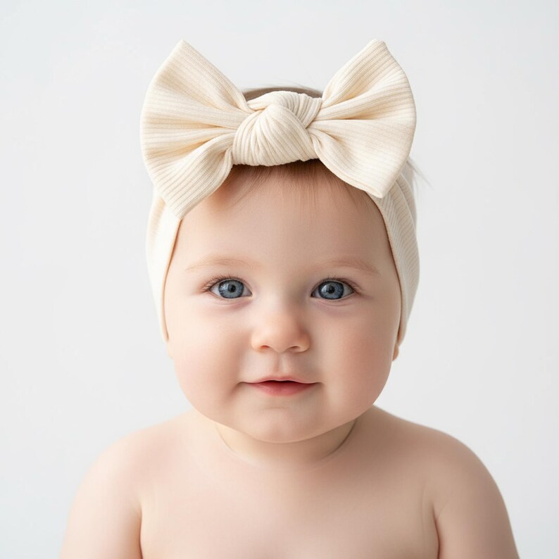 May include: A cream-colored baby headband with a large bow. The bow and headband are made of a ribbed fabric. The baby has blue eyes and is looking at the camera.