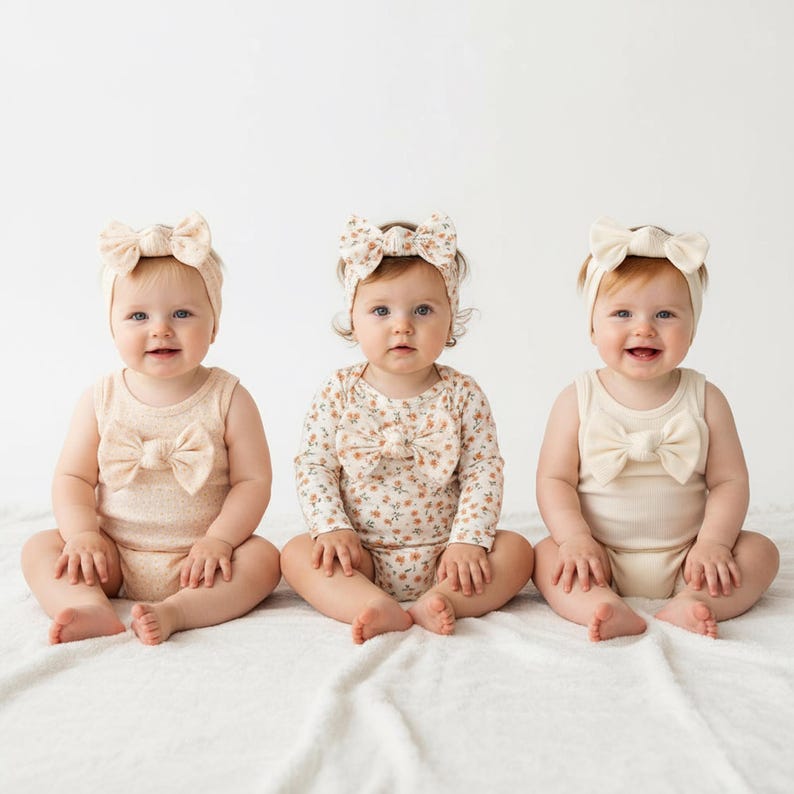 May include: Three babies wearing matching outfits with large bow accents. The outfits include a tank top, long-sleeved bodysuit, and a sleeveless bodysuit. Each baby wears a matching headband with a bow. The outfits are in neutral colors with floral patterns.