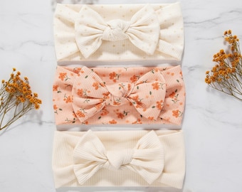 Lot de 3 Bandeaux Bébé Fille à Nœud Floral, Tissu Côtelé Doux
