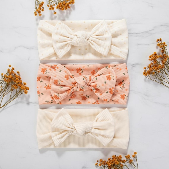 Lot de 3 Bandeaux Bébé Fille à Nœud Floral, Tissu Côtelé Doux