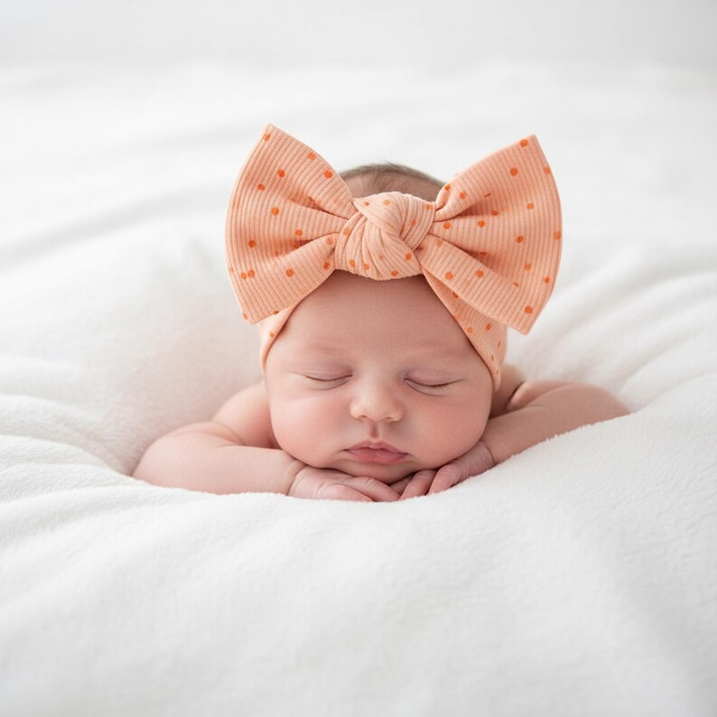 May include: A sleeping baby wearing a peach-colored headband with a large bow and small polka dots. The baby is resting on a soft, white blanket. The headband is the focal point, adding a touch of style to the infant's peaceful pose.