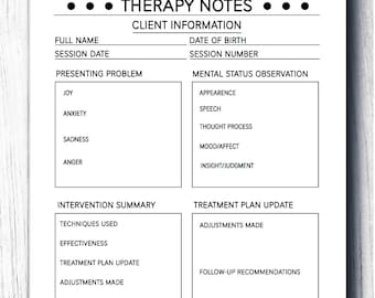Notes de séance de thérapie - Modèle imprimable sur la santé mentale. Journal du thérapeute. Journal de consultation. PDF numérique.