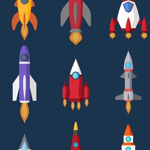 May include: Nine cartoon rockets in various designs and colours against a dark blue backdrop. The rockets feature different shapes, including red, yellow, and purple, with flames. The image is a flat illustration, suitable for children's themes.