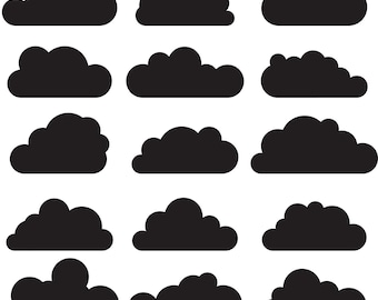 Silhuetas de Nuvens Negras. Gráficos de nuvens imprimíveis para projetos de design. Arquivos digitais escaláveis para projetos criativos.