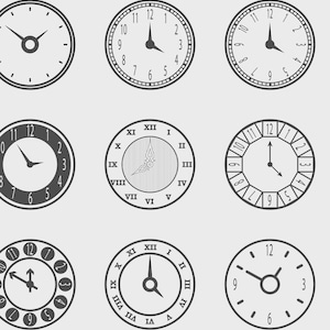 May include: Nine different clock designs in black and white. The clocks have Roman numeral and Arabic numeral markings. Some clocks have a simple design, while others have more intricate designs.