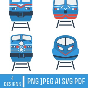 May include: Four different designs of blue and red train locomotives with black wheels on a white background. The trains are facing forward and are on tracks.
