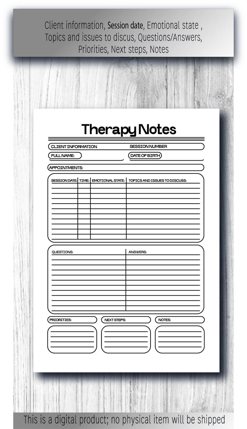 Therapy Session Notes – Printable Mental Health Template. Therapist Log ...