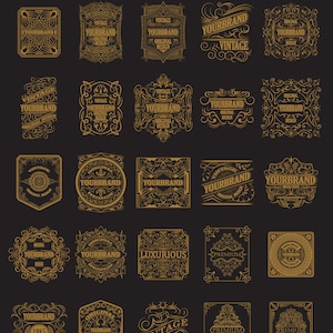 Puede incluir: Colección de diseños de etiquetas de estilo vintage en dorado sobre fondo negro. Cada etiqueta presenta bordes ornamentados y el texto "YOURBRAND" y "VINTAGE". Los diseños varían en forma y detalle, adecuados para branding.