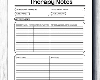 Notes de séance de thérapie - Modèle imprimable sur la santé mentale. Journal du thérapeute. Journal de consultation. PDF numérique.