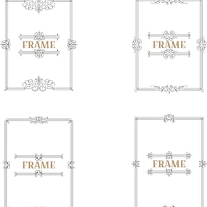 May include: Set of eight black and white decorative frames with ornate designs. Each frame has the word "FRAME" written in brown text.