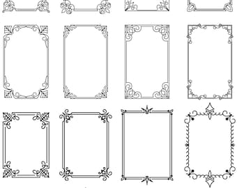 Könnte beinhalten: Satz von 20 schwarzen und weißen Dekorrahmen mit verzierten Designs. Die Rahmen eignen sich perfekt, um jedem Projekt einen Hauch von Eleganz zu verleihen.