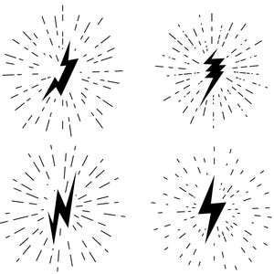 May include: Set of six black and white illustrations of lightning bolts with sunburst rays. Each lightning bolt is centred in a circle of radiating lines.