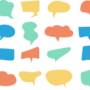 May include: A set of 16 colorful speech bubbles in various shapes, including circles, squares, rectangles, and clouds. The bubbles are all outlined in black and have a white background.