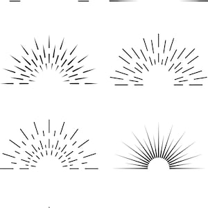 May include: A collection of eight black and white sunburst designs. Each design features a semi-circular shape with radiating lines of varying lengths, creating a vintage or retro aesthetic. The designs are set against a plain white background.