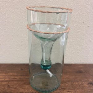 Self-Watering Glass Planter - Recycled Wine Bottle with Twine Rim - Light Blue