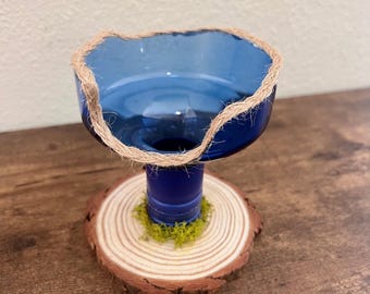 Blue Vodka Bottle Recycled Glass Vase with Twine Rim & Tree Bark Wood Base Decor