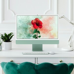 Red Hibiscus Watercolor Desktop Wallpaper (Digital Download)