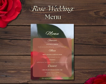 Rose Wedding Reception Menu - Editable Canva Template for Floral Themed Wedding, Spring Nature Aesthetic, Personalized Elegant Dinner Menu